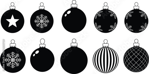 Black and white Christmas ornament vector illustration set, minimal holiday baubles and decorative balls collection for festive design, branding, packaging, seasonal graphics