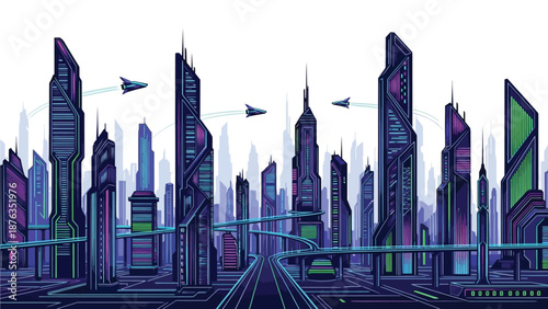 Neon glowing futuristic cityscape features towering skyscrapers and flying vehicles navigating elevated roadways