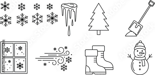 Black and white winter season icon set illustration with snowflakes, snowman, boots, shovel, tree, frost symbols vector collection