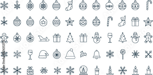 Christmas icon set collection, winter holiday line symbols including ornaments snowflakes gifts candy canes candles vector outline illustration minimalist modern festive design