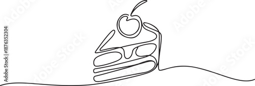 Single continuous line drawing of stylized cut sliced cake with cherry fruit topping art. Sweet pastry concept. one line Icon drawing