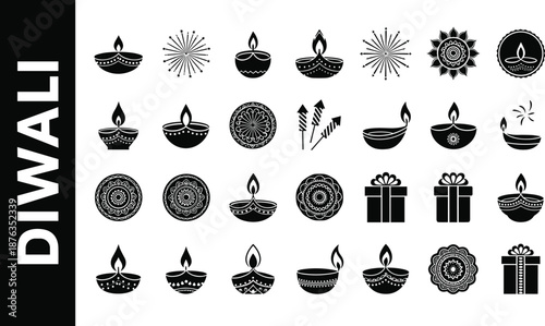 Diwali icon silhouette collection, traditional Indian festival symbols with diya lamps fireworks rangoli gifts decorative elements black vector illustration set