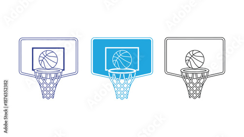 A set of basketball hoops with balls in various line art styles