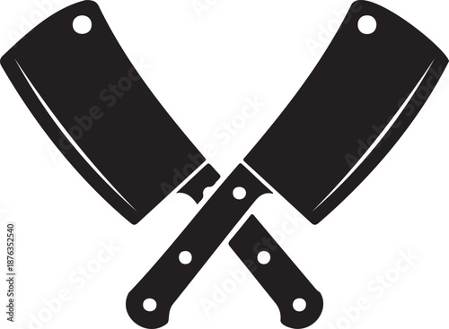 Two crossed black butcher cleavers forming a sharp kitchen tool icon on transparent background