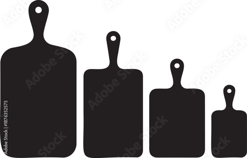 Set of four black cutting board silhouettes of various sizes on transparent background
