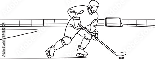 One continuous line drawing of young professional ice hockey player exercising and practicing on ice rink stadium. Healthy extreme sport concept. one line Icon drawing