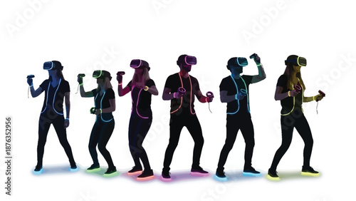 Group of diverse individuals actively participating in a dynamic immersive virtual reality gaming experience together