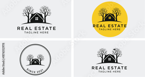 Real estate logo collection with house and trees, modern minimalist property branding badges templates for realtor agency construction business vector design