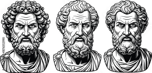 Ancient philosophers bust illustration in classical engraving style, Greco-Roman thinkers with robes and beards, historical art concept, flat vector