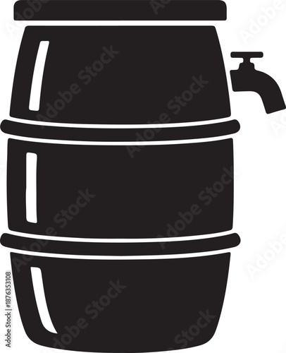 Black and white illustration of a wooden barrel with a tap