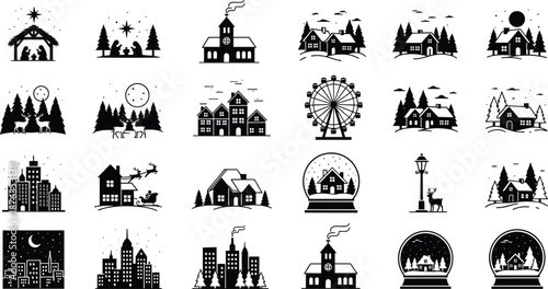 Winter village silhouette icon set, festive Christmas town scenes with houses churches ferris wheel snow globes night landscapes vector illustration collection