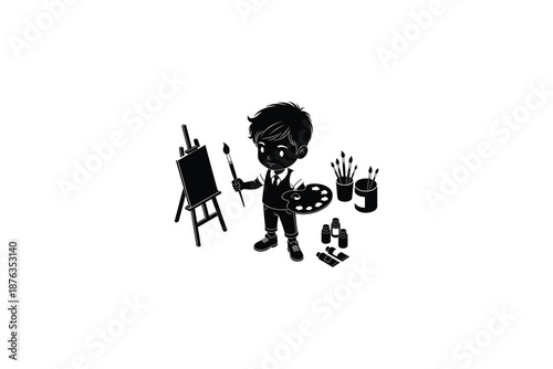 cartoon boy holding paintbrush and palette standing next to easel with art supplies