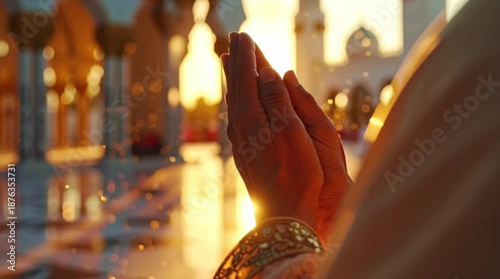Close up of Muslim hands praying at a beautiful mosque during sunset with golden bokeh light