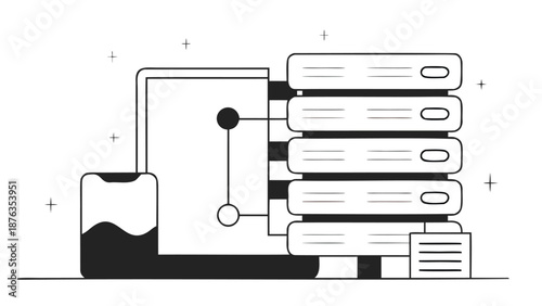 Monochrome artwork depicting online cloud storage with servers and data transfer