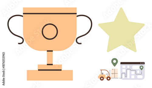 Achievement, logistics, delivery, navigation, business goals, award recognition. A trophy, star map and delivery truck. Achievement and logistics concepts excellence and distribution