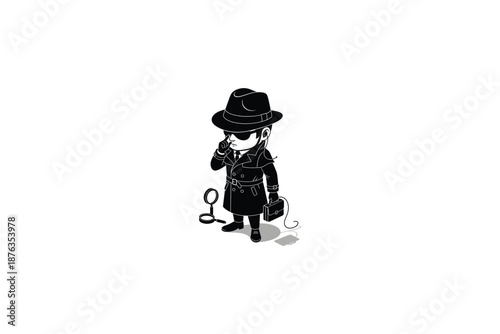 cartoon private detective talking on phone with briefcase and lock  illustration