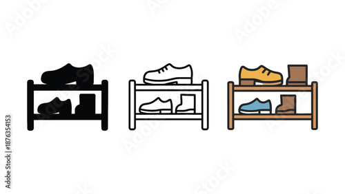 A colorful illustration of shoe racks with various shoes on them