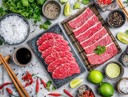 Beef hotpot feast, Sliced beef centerpiece surrounded by vegetables and warm lighting atmosphere