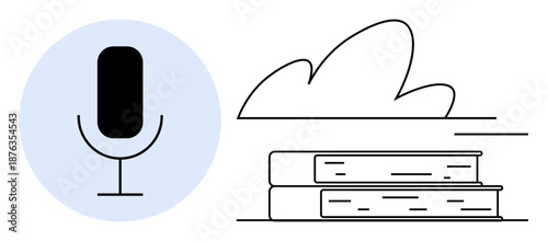 Education technology, cloud storage, digital libraries, knowledge sharing, e-learning, innovation. A microphone and book symbol with a cloud. Education technology and cloud storage concept