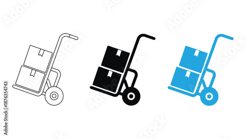 A set of hand trucks in different colors on a white background