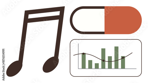Music therapy, mental wellness, statistical study, medicine, health improvement, and treatment innovation. Musical note, pill and data chart together. Music therapy and mental wellness concept
