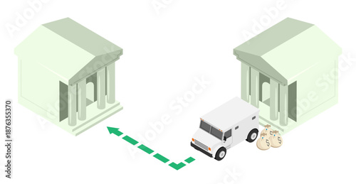 Isometric collector bank car at the entrance to bank loading of money bags for transportation. Isolated cartoon vector on white background top view