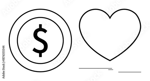 Black dollar sign circle next to heart outline. Ideal for finance, love, charity, donation, economics, relationships, wellness. Minimalist black line design as a simple flat metaphor