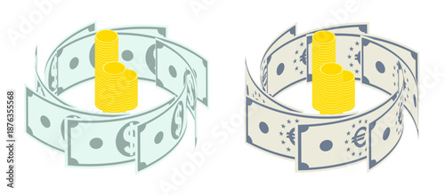 Isometric shiny gold coins surrounded by dollar and euro bills. Conceptual element of wealth and abundance. Isolated cartoon vector on white background top view