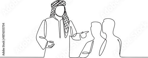Single continuous line drawing of young muslim manager discussing business talk with partner colleagues. Arab middle east cloth shmagh, kandura, thawb, robe. one line Icon drawing