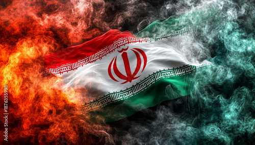  iranian flag with smoke on a black background