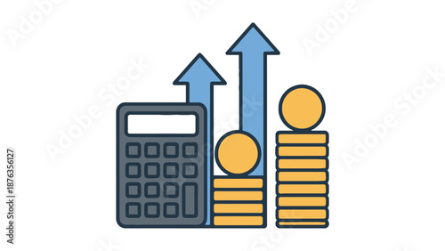 A graphic illustration of a calculator with growing coins and arrows