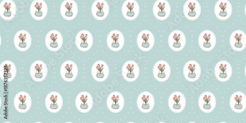 Bouquet of tulips in vase seamless pattern on blue background for textile prints, wallpapers, backgrounds, stationery, scrapbooking, etc. EPS 10