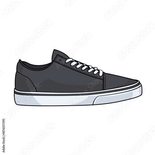 Side view of a black canvas sneaker. Vector illustration of a casual sport shoe with white rubber sole isolated on white background. Generic streetwear footwear.