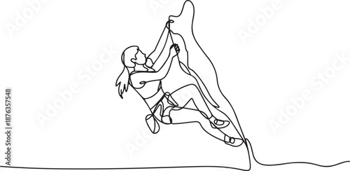 Single continuous line drawing of young muscular climber woman climbing hanging on mountain grip. Outdoor active lifestyle and rock climbing concept. one line Icon drawing