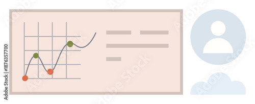 Data analysis, business strategy, market trends, user engagement, corporate planning, digital tracking. Line chart with data points on a board beside a user profile symbol. Data analysis and business