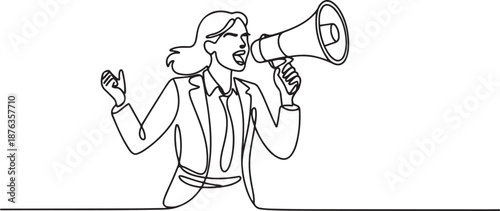 Single continuous line drawing of young angry businesswoman shouting loudly using megaphone to train her speak. Public speaking practice concept. one line Icon drawing