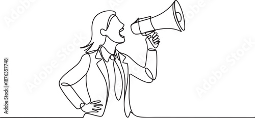 Single continuous line drawing of young angry businesswoman shouting loudly using megaphone to train her speak. Public speaking practice concept. one line Icon drawing