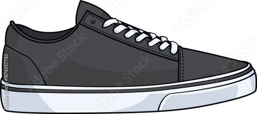 Side view of a black canvas sneaker. Vector illustration of a casual sport shoe with white rubber sole isolated on white background. Generic streetwear footwear.