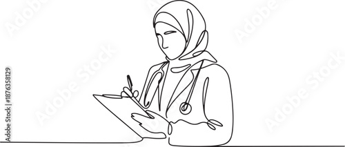 One single line drawing of young Arabian muslimah doctor wearing hijab writing medical report on clipboard at hospital. Medical health care concept. one line Icon drawing