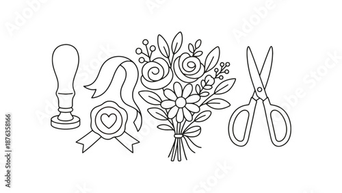 A colorful illustration of flowers and crafting tools on a white background
