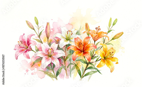 watercolor of  bouquet of flowers on white,template for wedding or birthday card