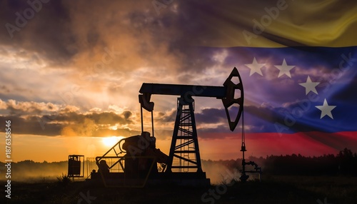 Oil pump sunset venezuela industry silhouette, dramatic sky, national colors, symbolizing energy, economy and petroleum production in South America.