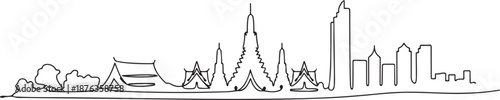 One single line drawing of Bangkok city skyline, Thailand. Historical town landscape. Best holiday destination home decor wall art poster print. one line Icon drawing