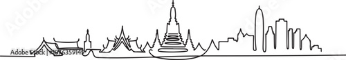 One single line drawing of Bangkok city skyline, Thailand. Historical town landscape. Best holiday destination home decor wall art poster print. one line Icon drawing