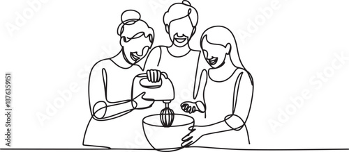 Single one line drawing happy family grandmother mother-in-law and daughter-in-law daughter knead cake dough using manual hand mixer. one line Icon drawing