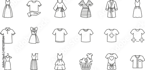 Clothing icons set, fashion symbols, apparel illustrations, garment line art, wardrobe elements, vector outfit design collection