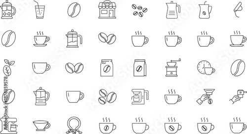 Coffee icons set, espresso machine, coffee beans, brewing tools, cafe elements, barista gear, caffeine symbols, vector design