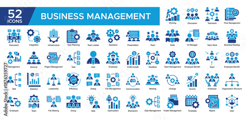 Business Management collection set. Working, Discussion ,Teamwork, Team Management, Business Meeting, Presentation , Workflow, Employee, icon. Simple Dual Tone vector illustration