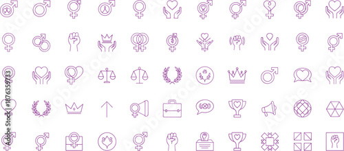 Gender equality icons, empowerment symbols, justice scales, love hearts, inclusive communication, blue outline style for social themes
