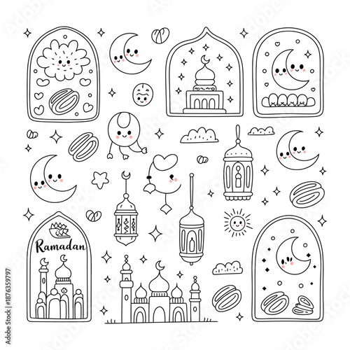 Ramadan Icons: A collection of cute, cartoonish Ramadan-themed icons, including mosques, crescent moons, lanterns, and dates, designed in a whimsical style.